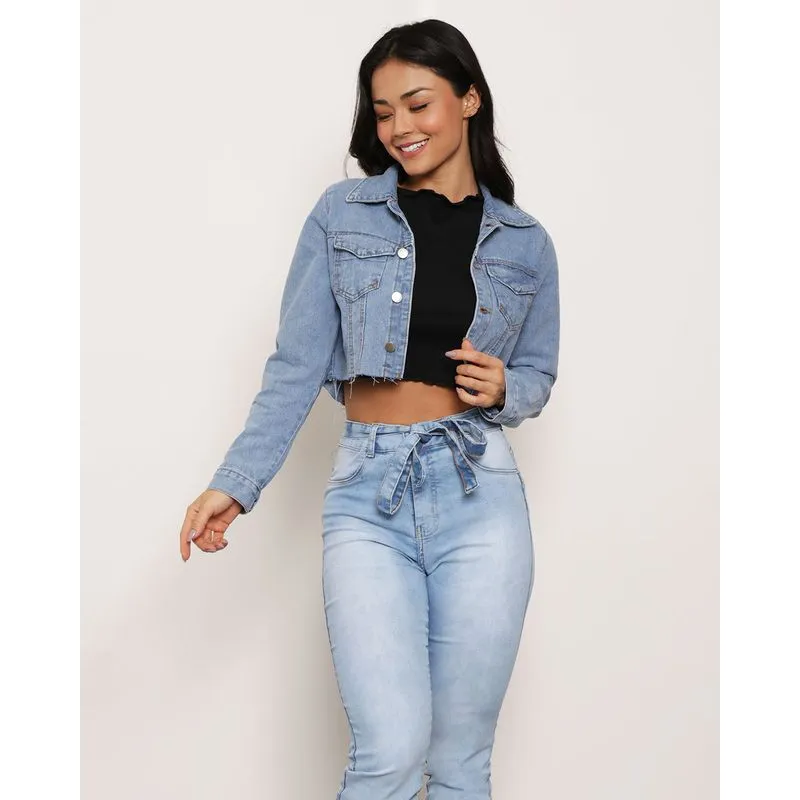 Jaqueta Jeans Feminina Cropped Glitter Azul 13151000088045UN