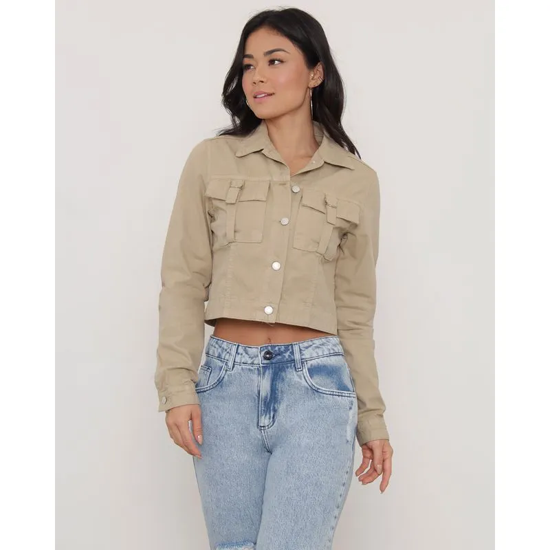 Jaqueta Sarja Feminina Cropped com Bolso Fivela Bege 13151000089099UN