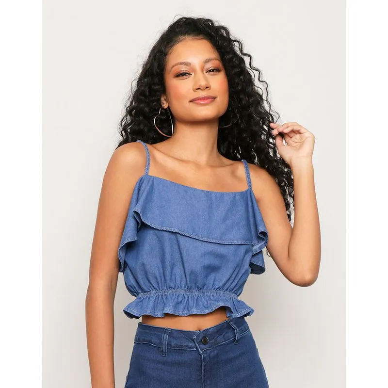Regata Jeans Feminina Cropped Alcinha Babado Azul UN