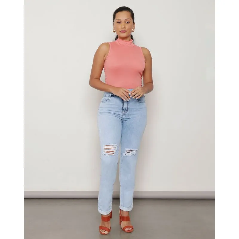 Calça Jeans Feminina Clochard Mom Destroyed Azul UN