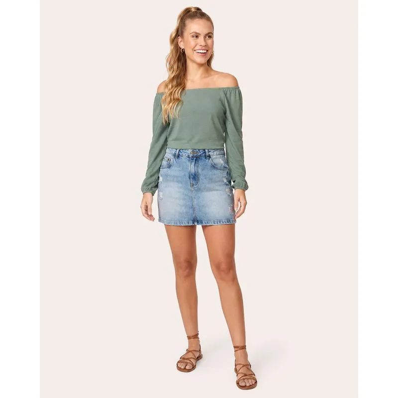 Saia Jeans Feminina Curta Destroyed Azul UN