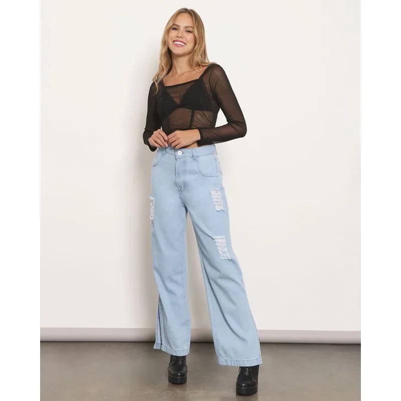 Calça Jeans Feminina Wide Leg Destroyed Com Fenda Azul 13121001954045UN