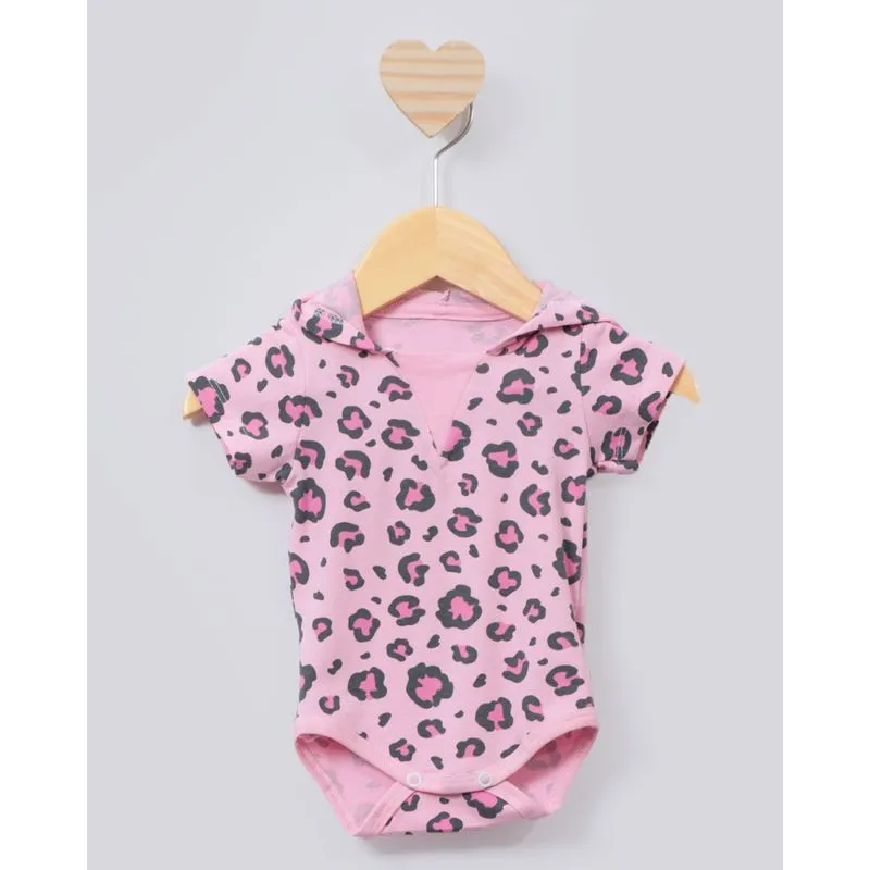 Body Bebê Com Capuz Estampa Interativa Animal Print Rosa G
