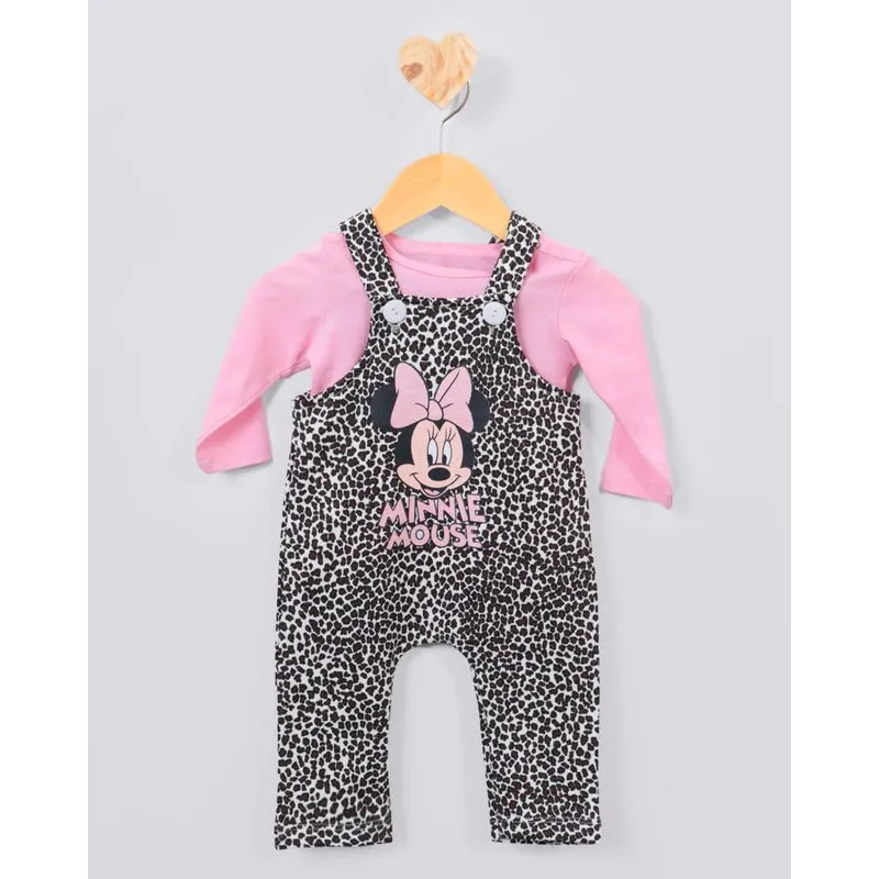 Conjunto Jardineira Moletom Minnie Disney Animal Print Rosa M
