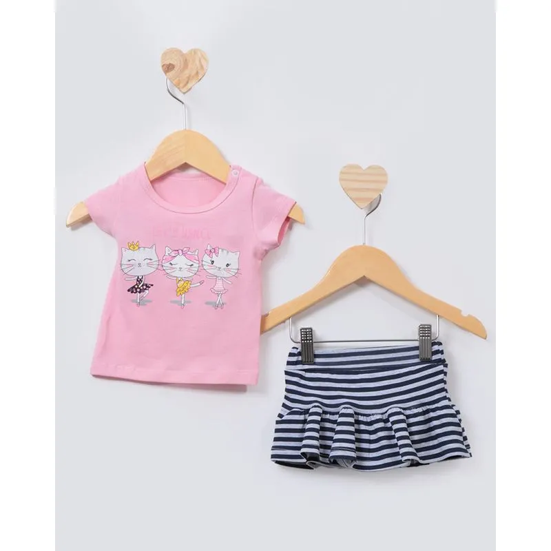 Conjunto Bebê Com Saia Estampa Gatinhas Rosa M