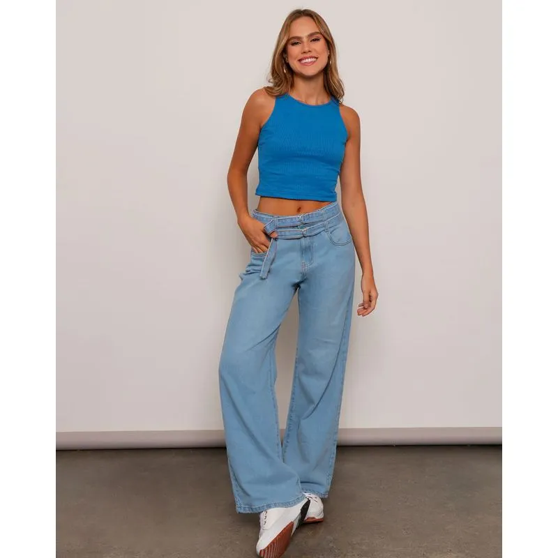 Calça Jeans Feminina Wide Leg Com Cinto Azul 46