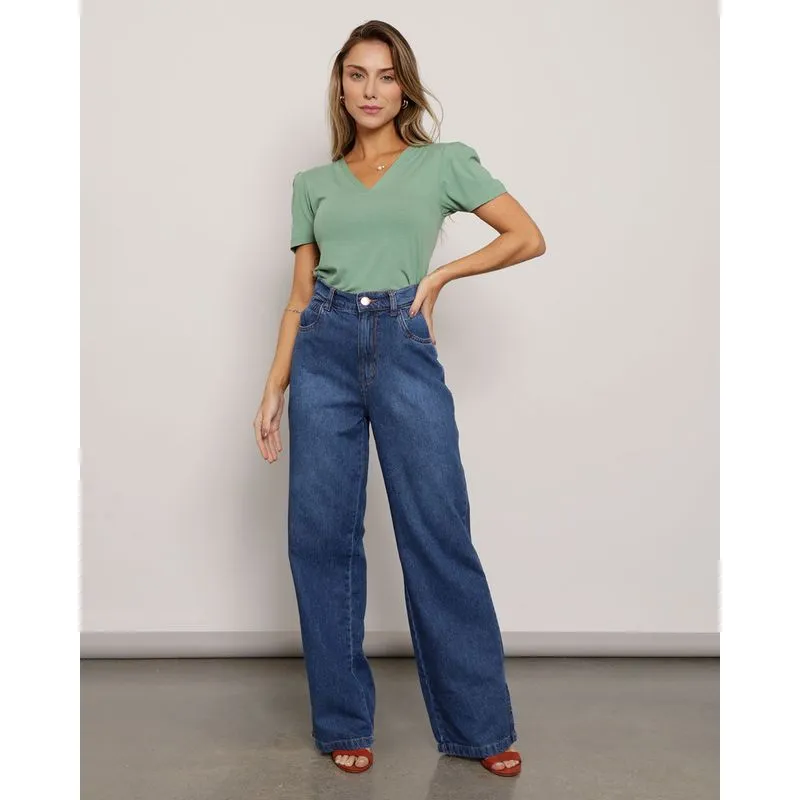 Calça Jeans Feminina Wide Leg Fenda Azul 48