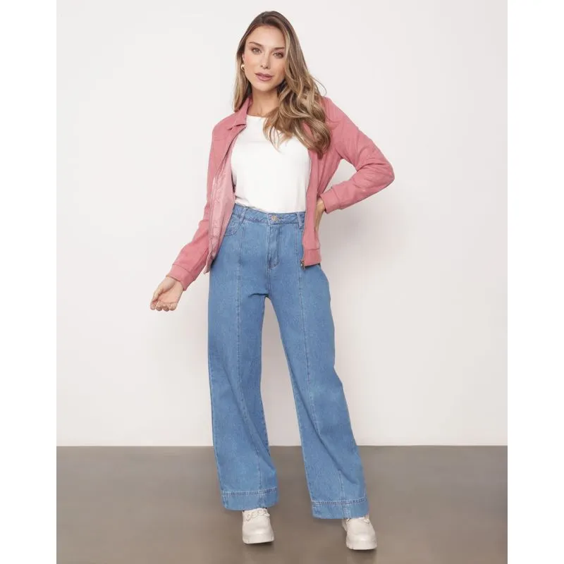 Calça Jeans Feminina Wide Leg Costura Frontal Azul 44