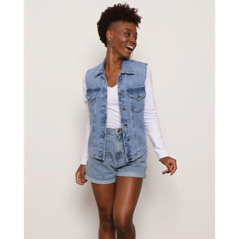 Colete Jeans Feminino Bolsos Azul M