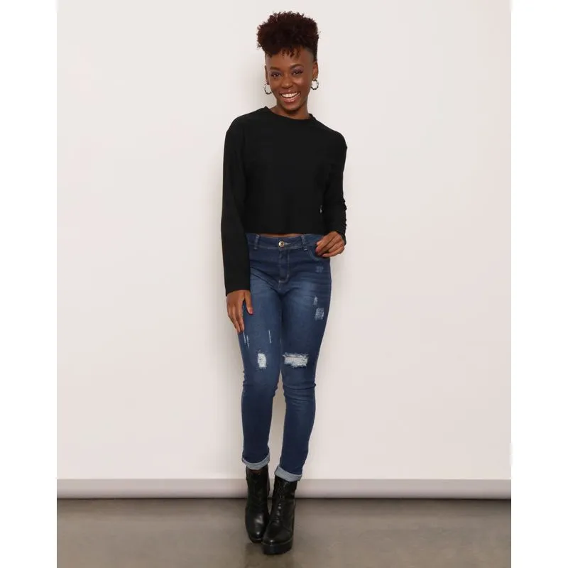 Calça Jeans Feminina Skinny Destroyed Com Bolso Azul 46