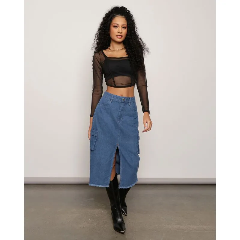 Saia Jeans Feminina Midi Cargo Com Fenda Azul 38