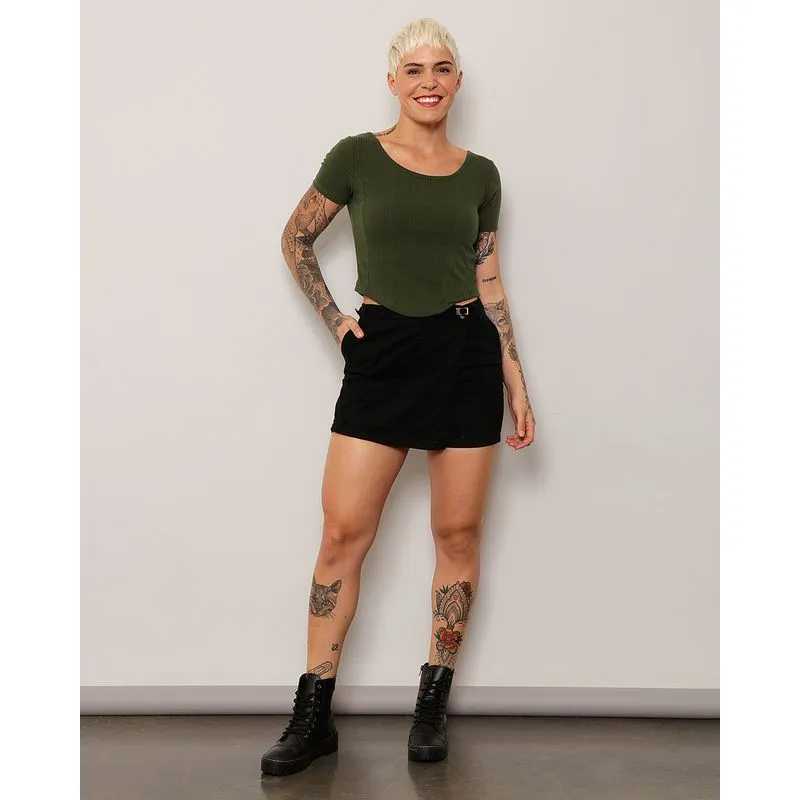 Short Saia Sarja Feminino Fivela Lateral Preto 46