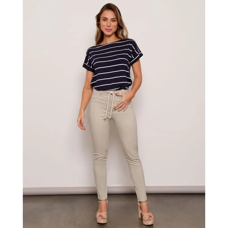 Calça Feminina Sarja Skinny Cordão Bege 48