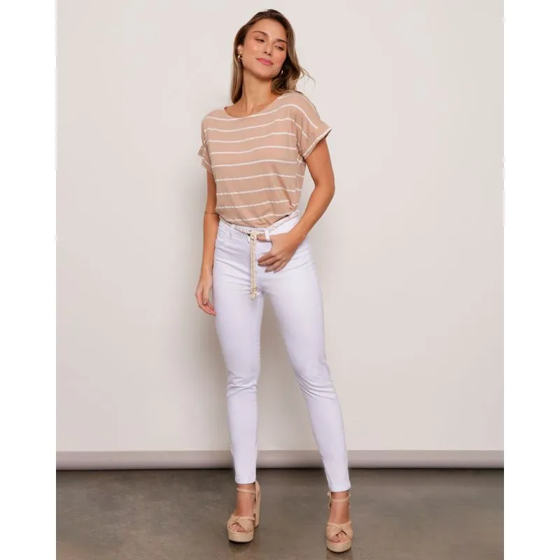 Calça Feminina Sarja Skinny Cordão Branca 48
