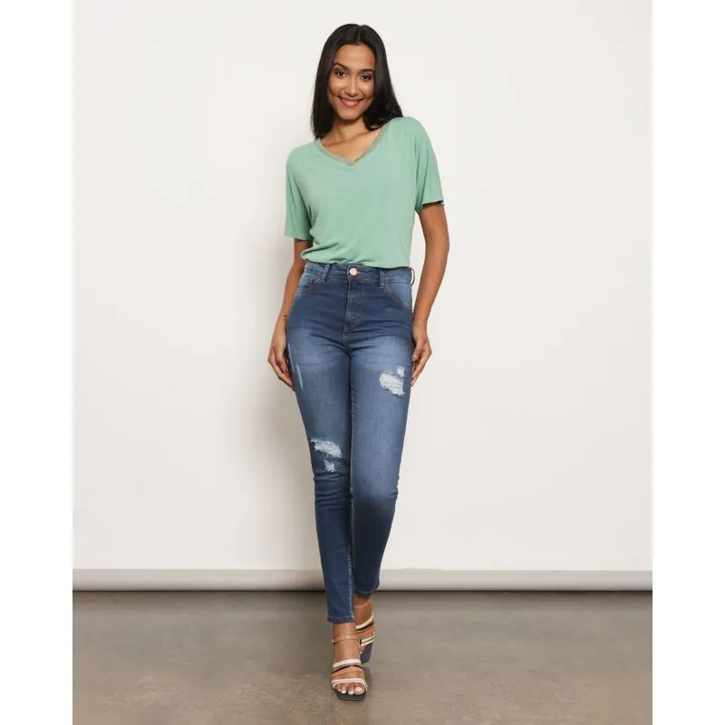 Calça Jeans Feminina Sknny Com Destroyed Azul 44
