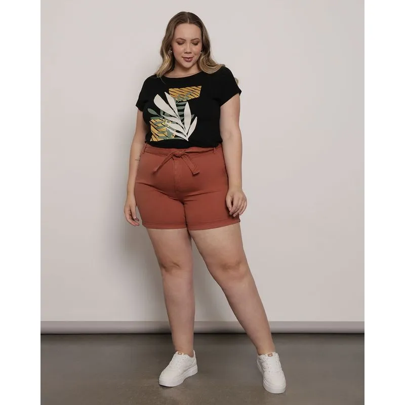 Short Plus Size Feminino Sarja Curto Com Cinto Terracota 50