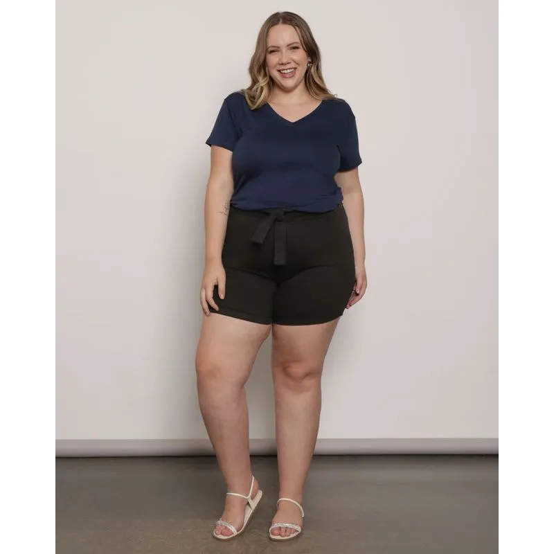 Short Plus Size Feminino Sarja Curto Com Cinto Preta 50
