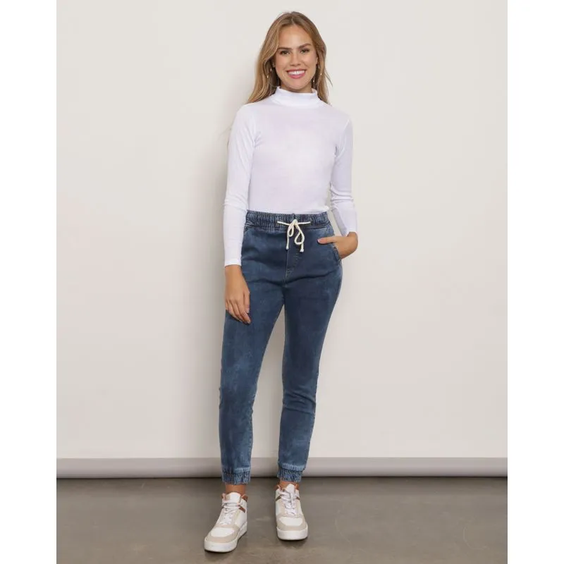 Calça Jeans Feminina Jogger Com Cordão Estonada Azul 42