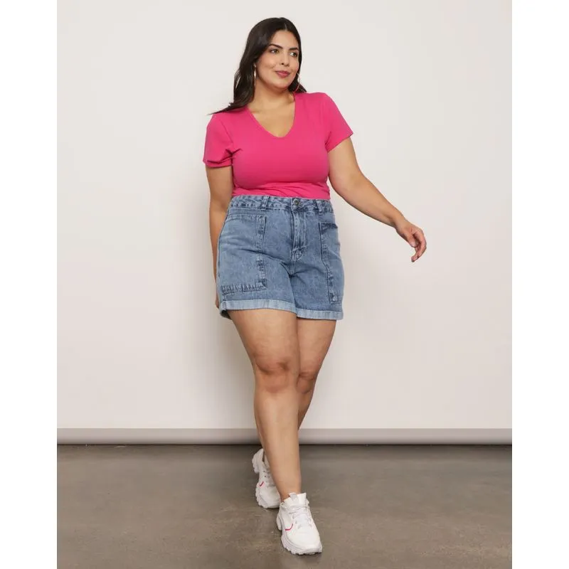Short Jeans Plus Size Feminino Barra Dobrada Azul 52