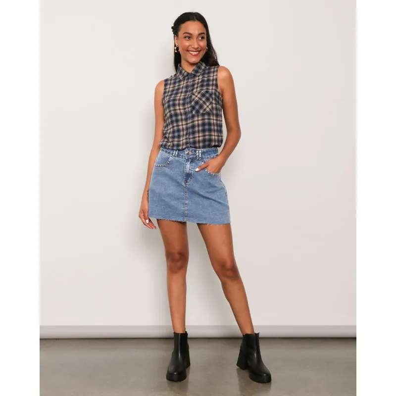 Saia Jeans Feminina Curta Com Strass Estonada Azul 42