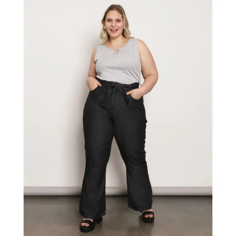 Calça Jeans Plus Size Feminina Flare Com Faixa Preta 48
