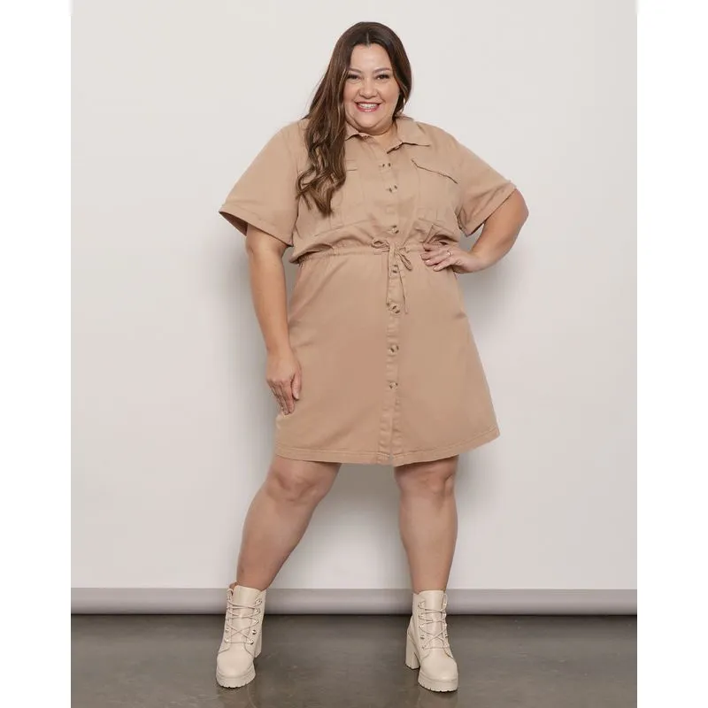 Vestido Feminino Sarja Manga Curta Botões Marrom G1