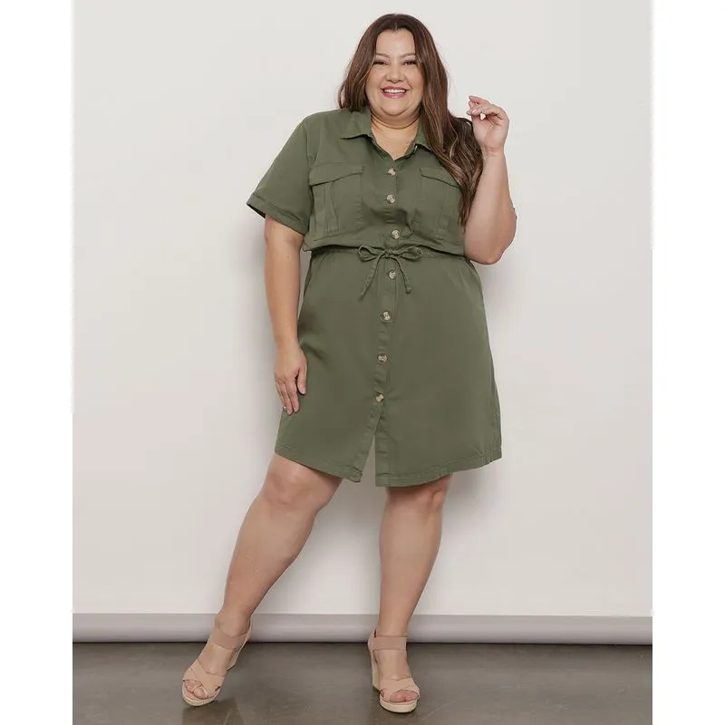 Vestido Feminino Sarja Manga Curta Botões Verde G3