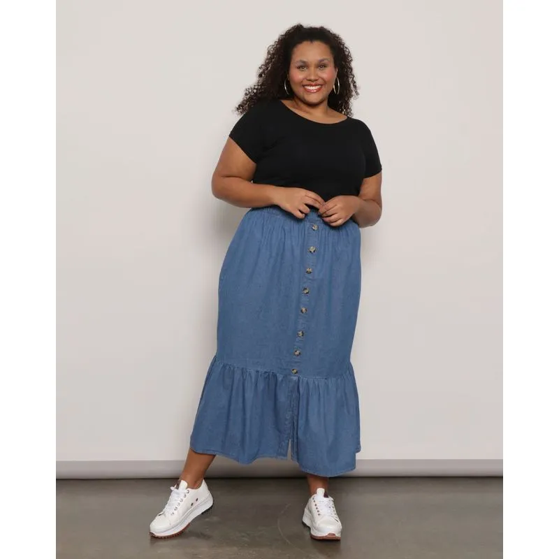 Saia Jeans Plus Size Feminina Com Botões Chambre Azul G1