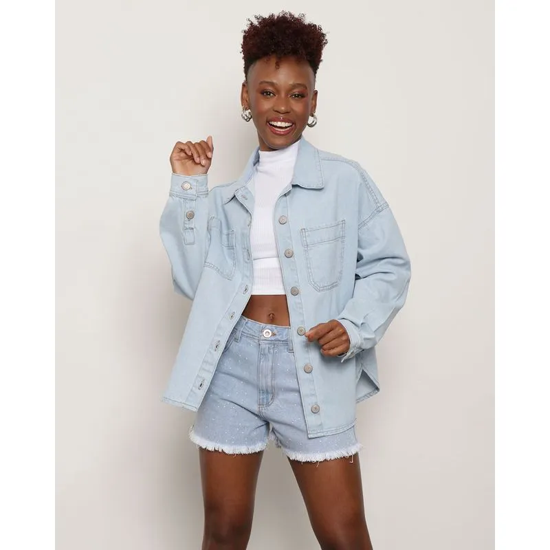 Jaqueta Jeans Feminina Oversized Delavê Azul Claro M
