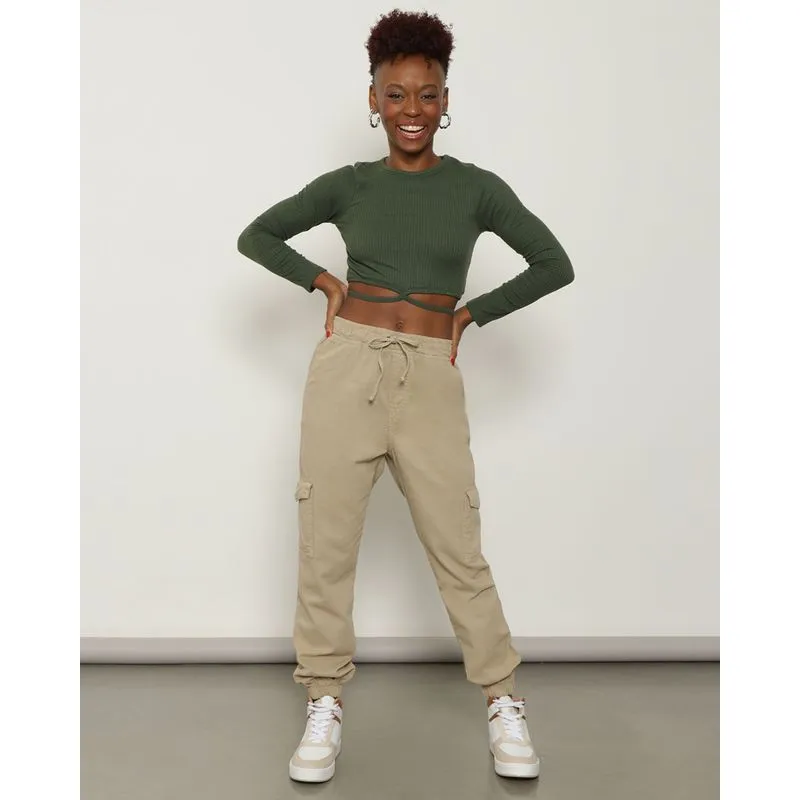 Calça Sarja Feminina Jogger Bolsos Cargo Bege 36