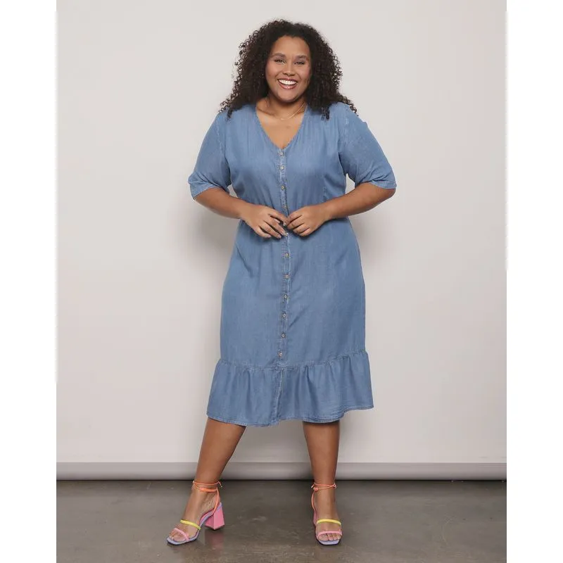 Vestido Plus Size Feminino Loguete com Babado Azul Jeans G2