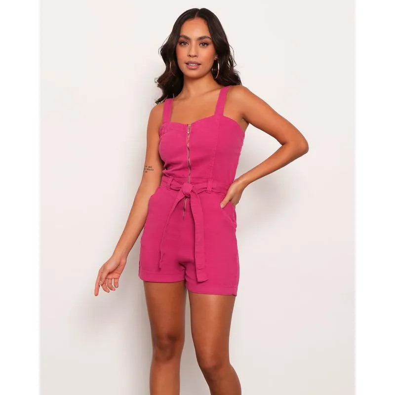 Macaquinho Feminino Sarja Com Cinto Rosa GG