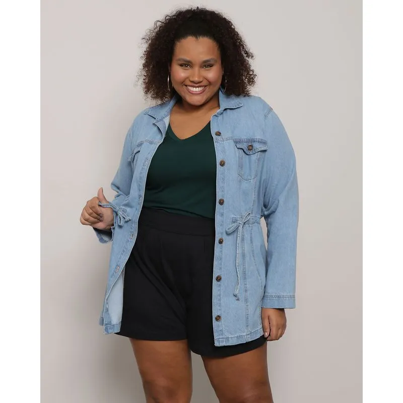 Parka Jeans Plus Size Feminina Gola Dobrável Azul Claro G2