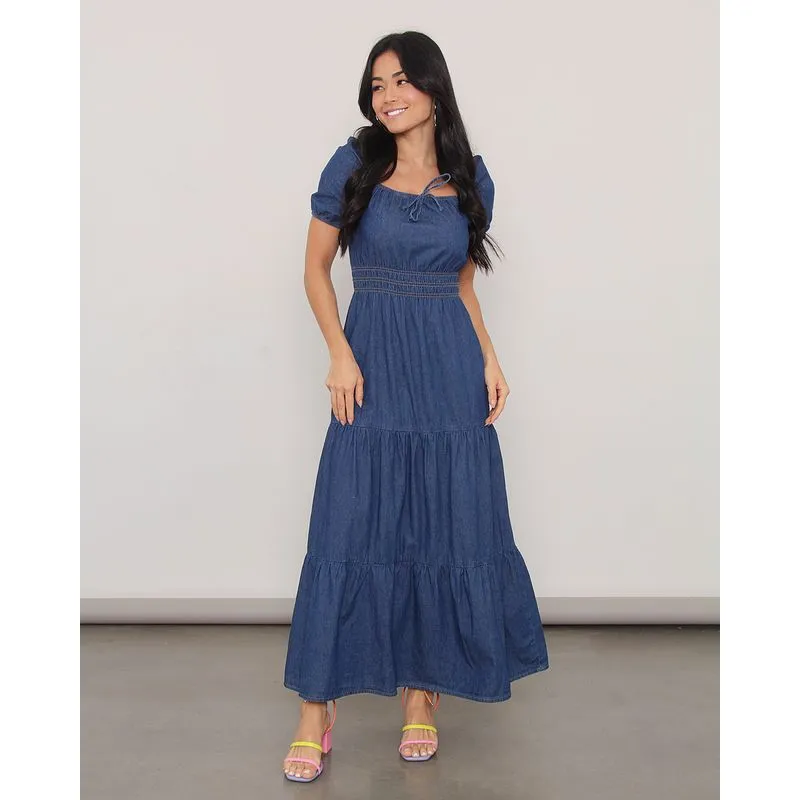 Vestido Jeans Feminino Três Maria Manga Curta Azul P