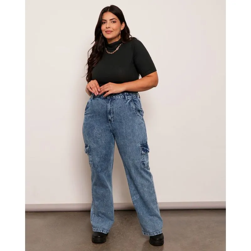 Calça Jeans Plus Size Feminina Bolso Cargo Azul 50