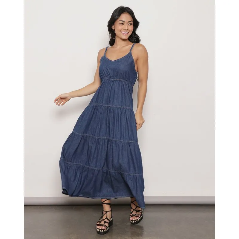 Vestido Jeans Feminino Midi Com Babado Azul 44