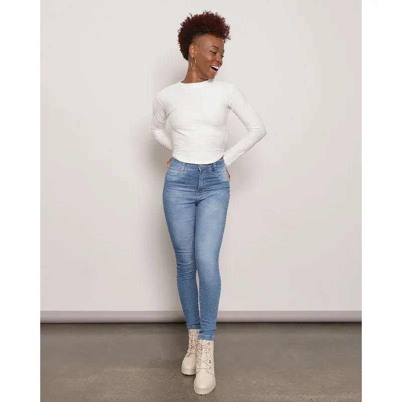 Calça Jeans Feminina Skinny Vizzy Aplique Brilho Azul 38