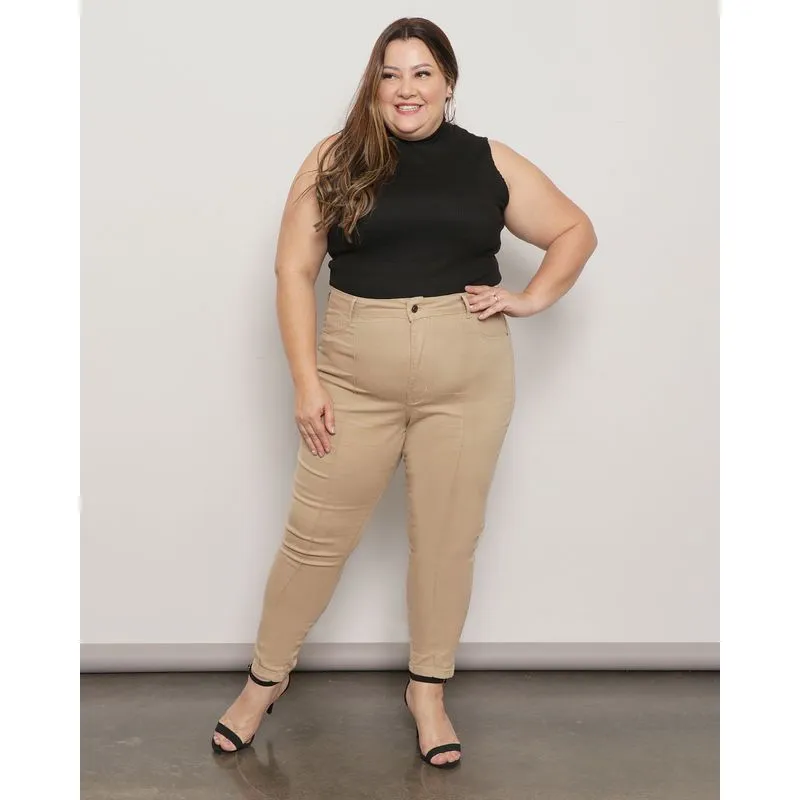 Calça Feminina Sarja Skinny Com Costura Bege 52