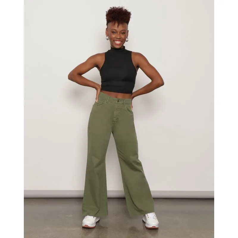Calça Feminina Sarja Vizzy Cintura Alta Wide Leg Verde 38