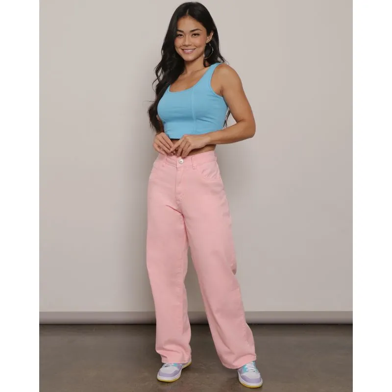 Calça Sarja Feminina Wide Leg Com Bolso Rosa 36