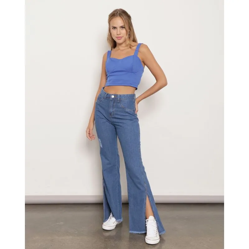 Calça Jeans Feminina Wide Leg Barra Desfiada Azul 38