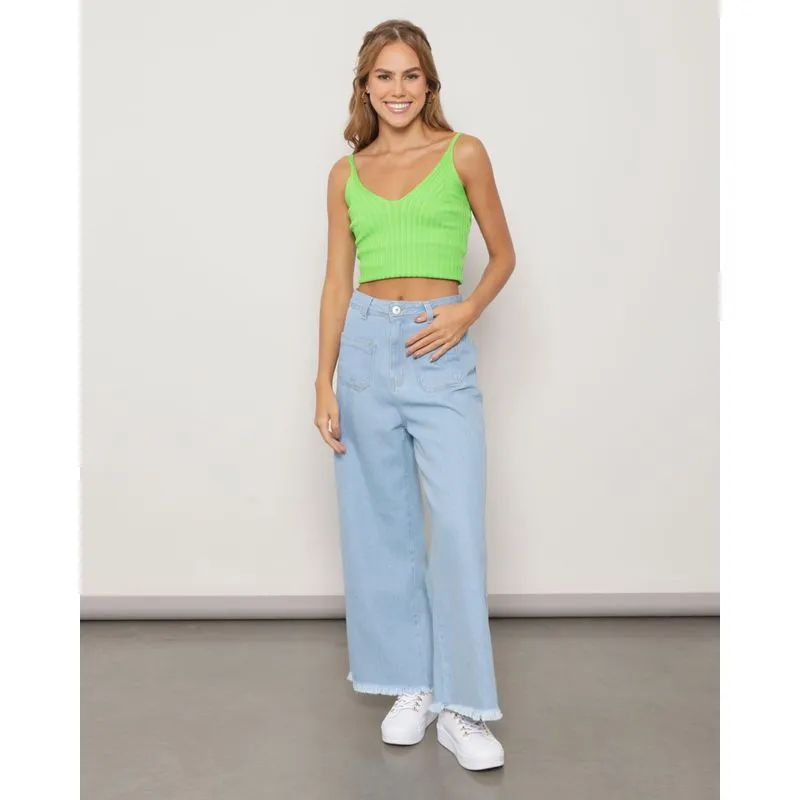 Calça Jeans Feminina Bolso Frontal Wide Leg Azul 46