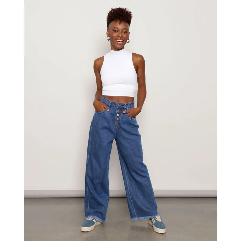 Calça Jeans Feminina Vizzy Wide Leg Azul 36