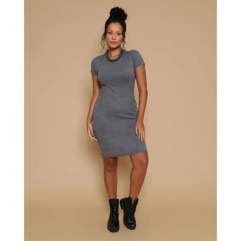 Vestido Feminino Básico Manga Curta Midi Canelado Cinza P