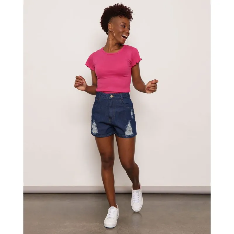 Short Jeans Feminino Mom Destroyed Azul 46