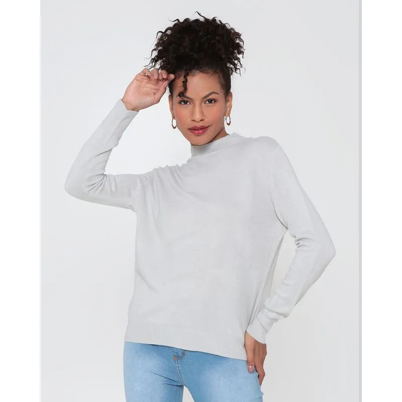 Suéter Feminino Gola Alta Tricô Cinza Médio UN