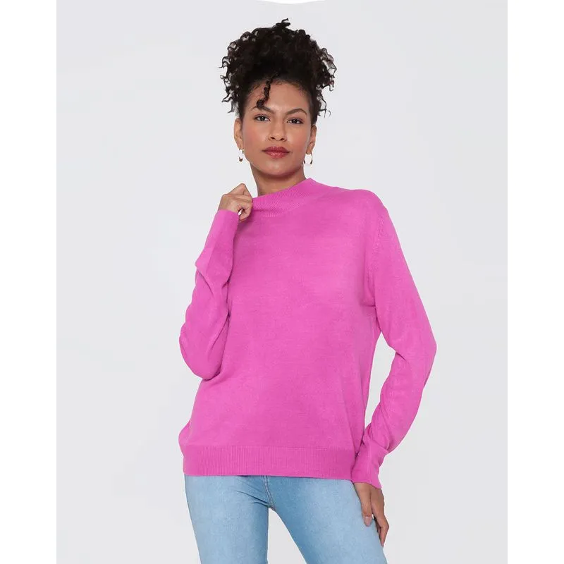 Suéter Feminino Gola Alta Tricô Rosa Médio UN