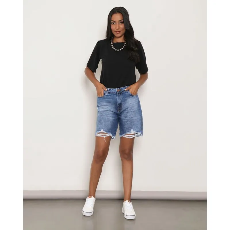 Bermuda Jeans Feminina Destroyed Barra Desfiada Azul 46