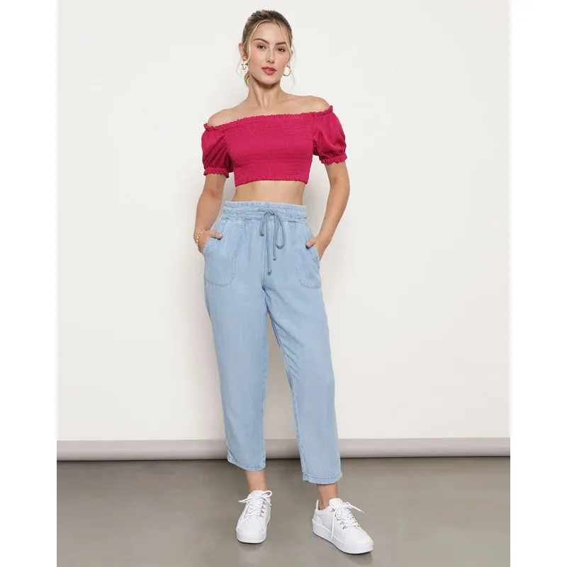 Calça Feminina Pantacourt Liocel Com Elástico Azul 42