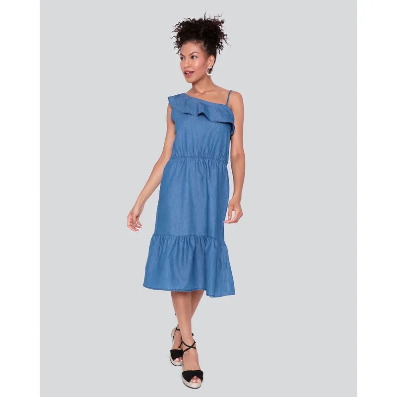 Vestido Jeans Feminino Babado Midi Azul P